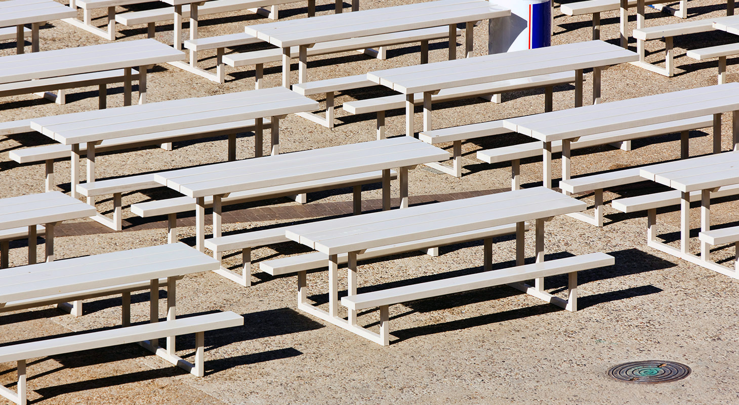 cluster of empty picnic tables